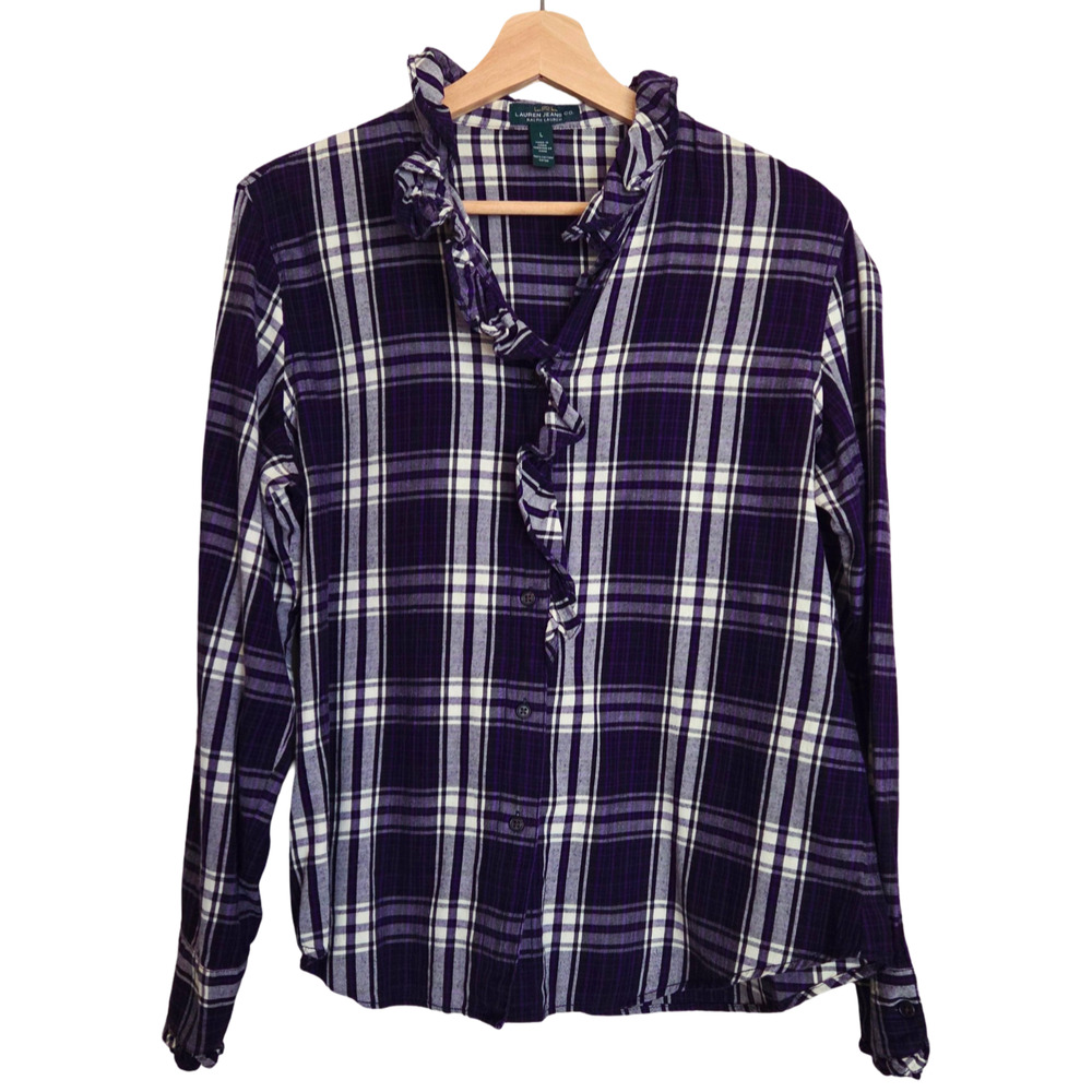 Lauren Jeans LRL Ralph Lauren | Ruffle Button Front Long Sleeve Plaid Fleece